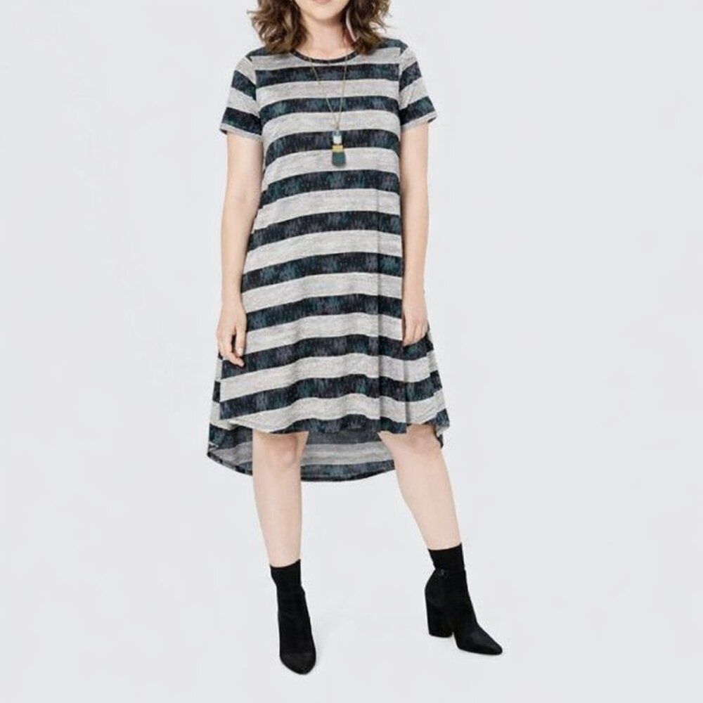 LuLaRoe Carly Striped Short Sleeve High-Low Dress Gray & Teal Comfortable Small